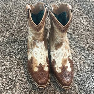 Myra Cowgirl Booties with tooling and cowhide NEVER WORN